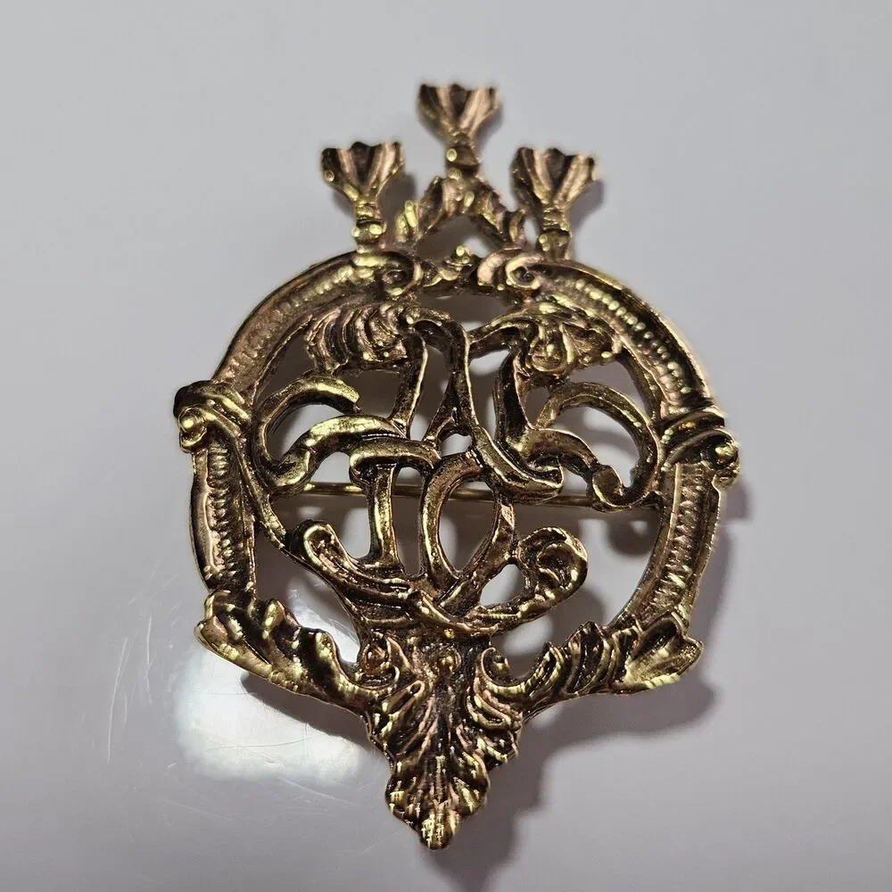 Victorian Revival Brooch Nondescriptive Scroll Girandole Tassels Vintage Gold Tn